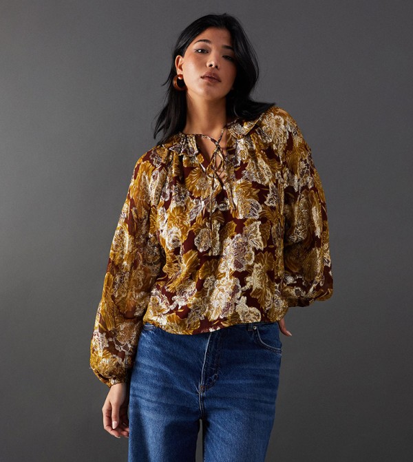 Printed Metallic Jacquard Tie-Up Neck Frill Collar Top