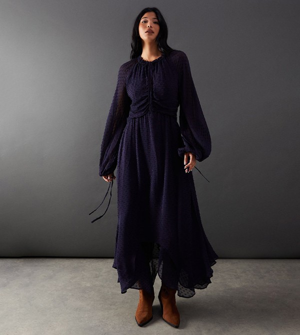 Tufted Dobby Chiffon Button Front Tie Neck Hanky Hem Maxi Dress