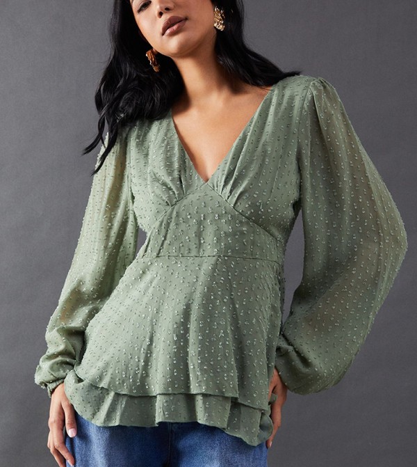 Plunge Neck Dobby Chiffon Double Layer Top