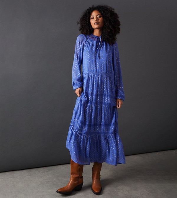 Metallic Jacquard Dobby Lace Insert Midi Dress