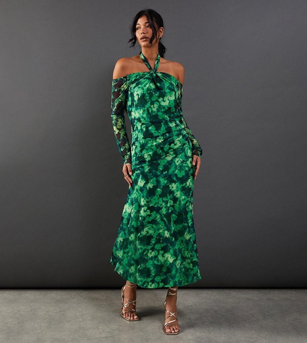 Abstract Print Twist Mesh Maxi Dress