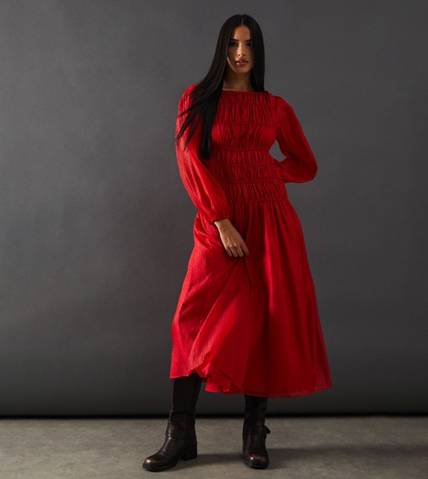 Shirred Chiffon Panel Bodice Midi Dress