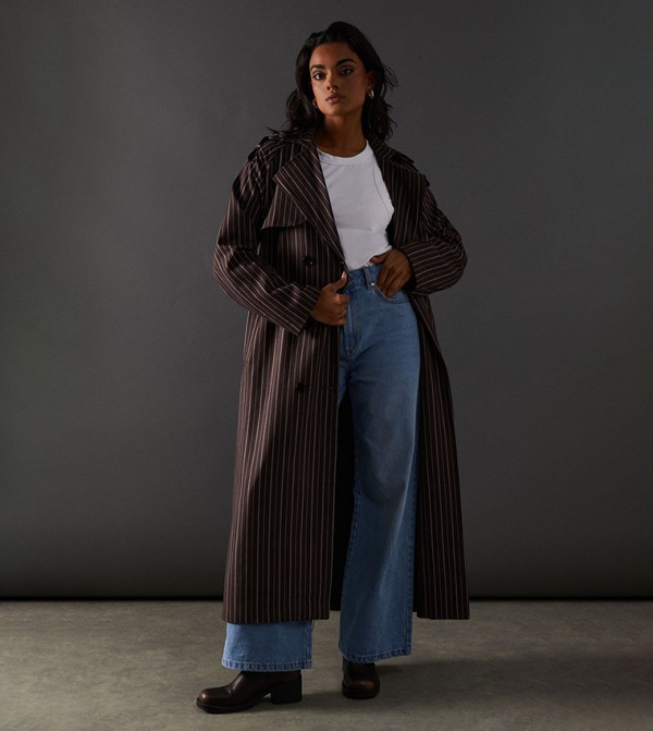 Chocolate Pinstripe Belted Trench Coat