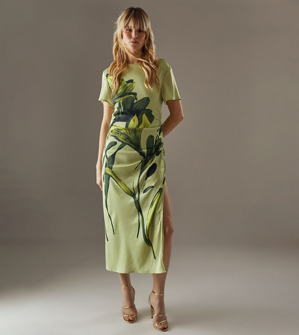 Printed Short Sleeves Satin Slit Midi Dress