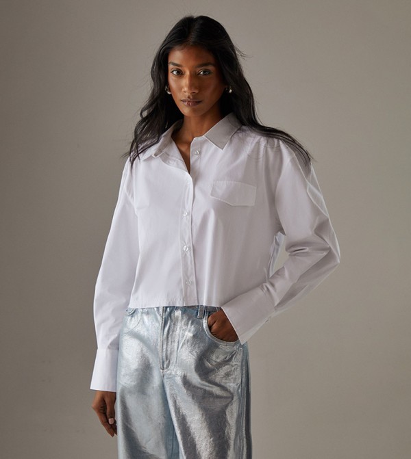 Long Sleeves Frayed Hem Crop Shirt