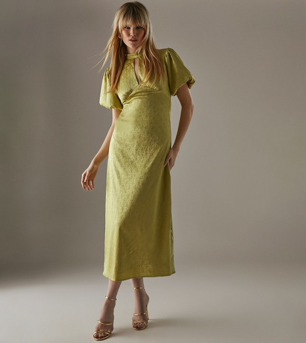 Rose Satin Jacquard Puff Sleeves Midaxi Dress