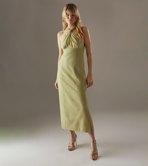 Solid Halterneck Slit Midi Dress
