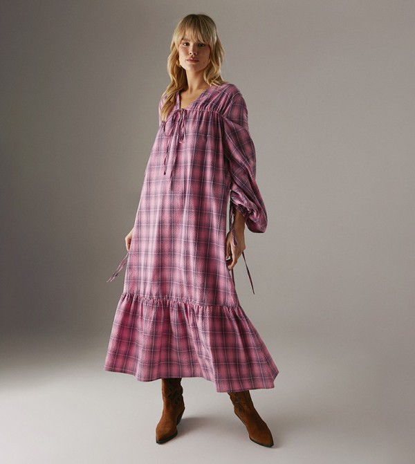 Plaid V-Neck Gathered Midi Dress