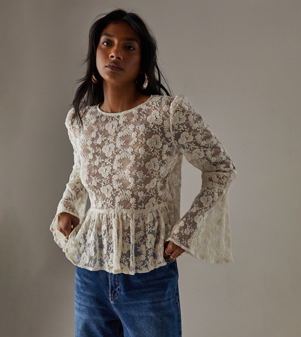 Embroidered Mesh Flared Sleeves Top