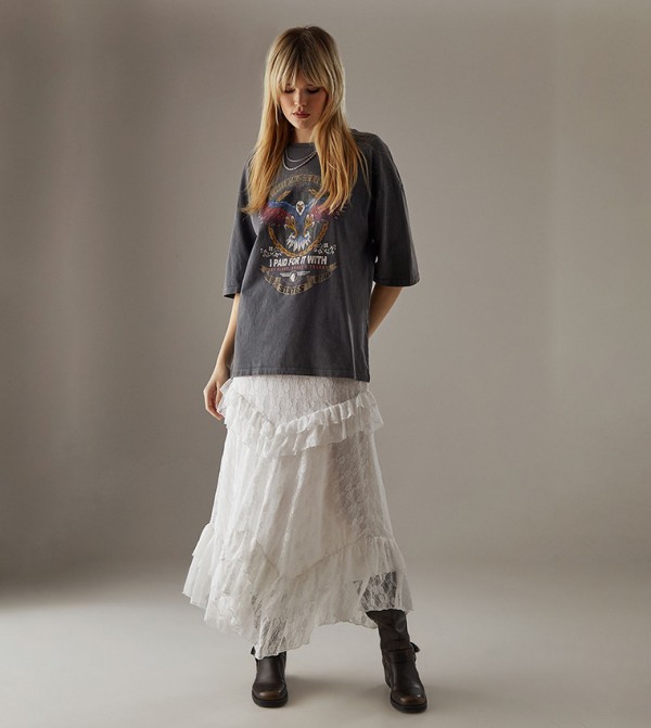 Lace Ruffle Tiered Asymmetric Maxi Skirt