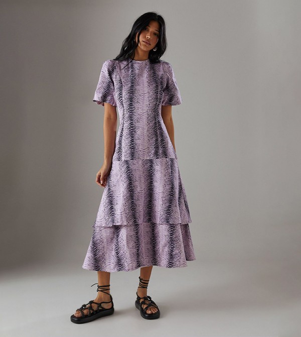 Animal Print Twill Puff Sleeves Ruffle Hem Midi Dress