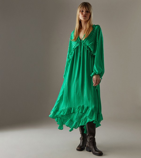 Striped Volume Sleeves Hanky Hem Midi Dress