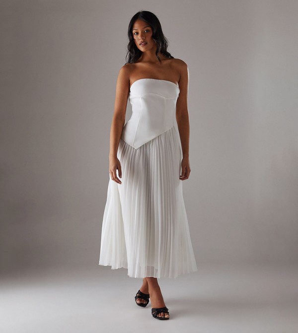 Bandeau Bodice Pleated Chiffon Midi Dress