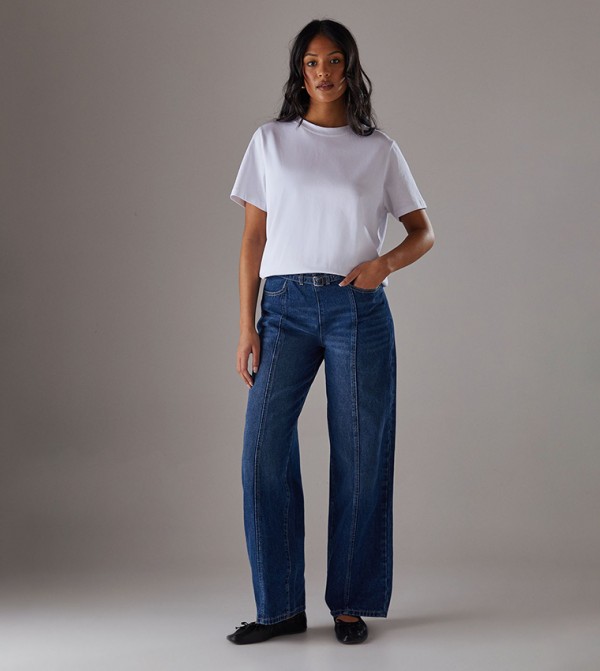 Low Rise Seam Detail Belted Wide Leg Jeans