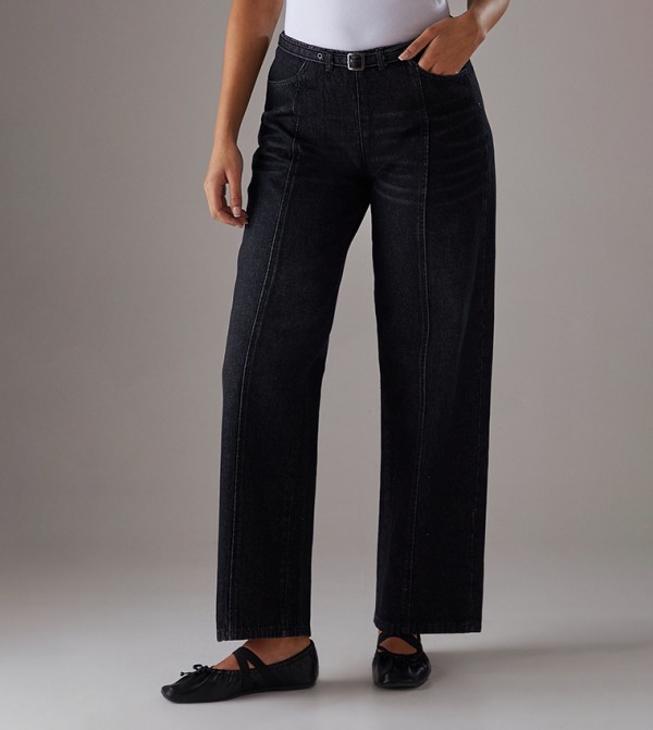 Low Rise Seam Detail Belted Wide Leg Jeans