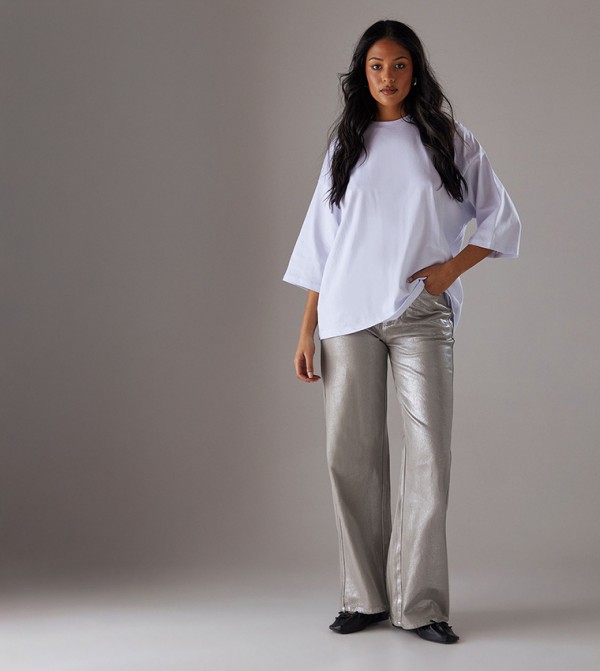Foil Coated High Waist Wide Leg Jeans
