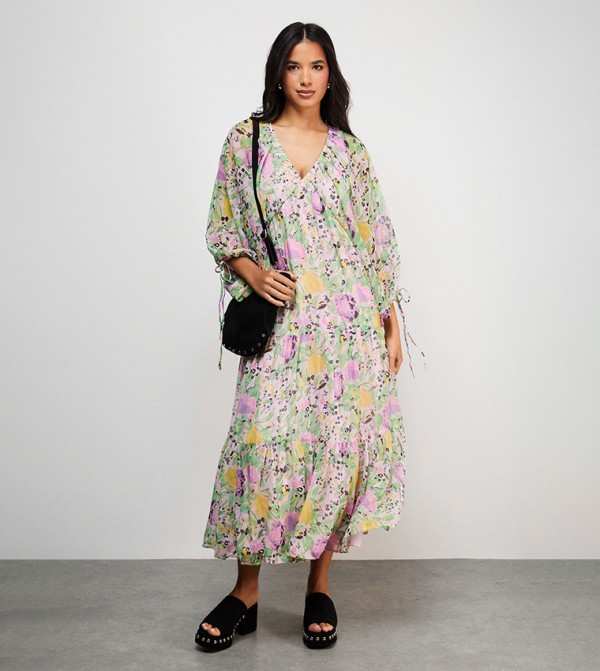 Printed V-Neck Chiffon Batwing Midi Dress