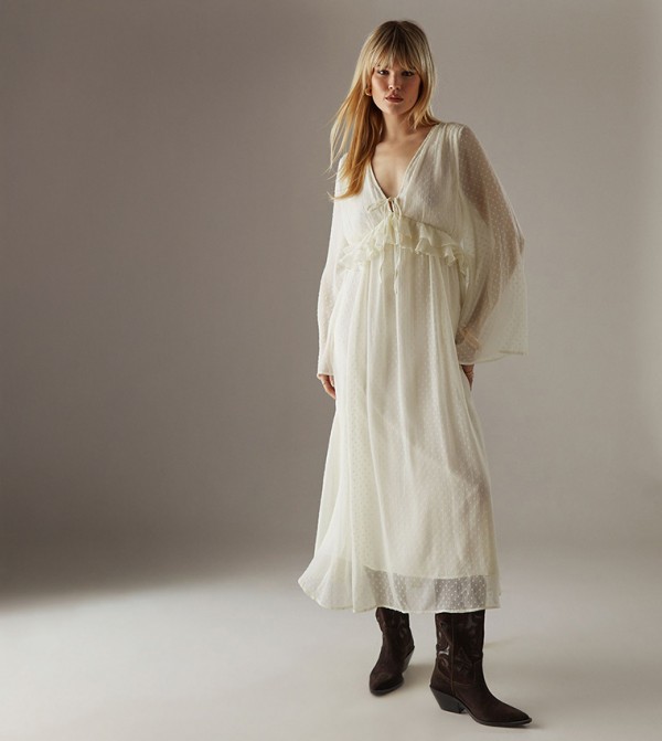 Dobby Chiffon Plunge Neck Ruffle Midi Smock Dress