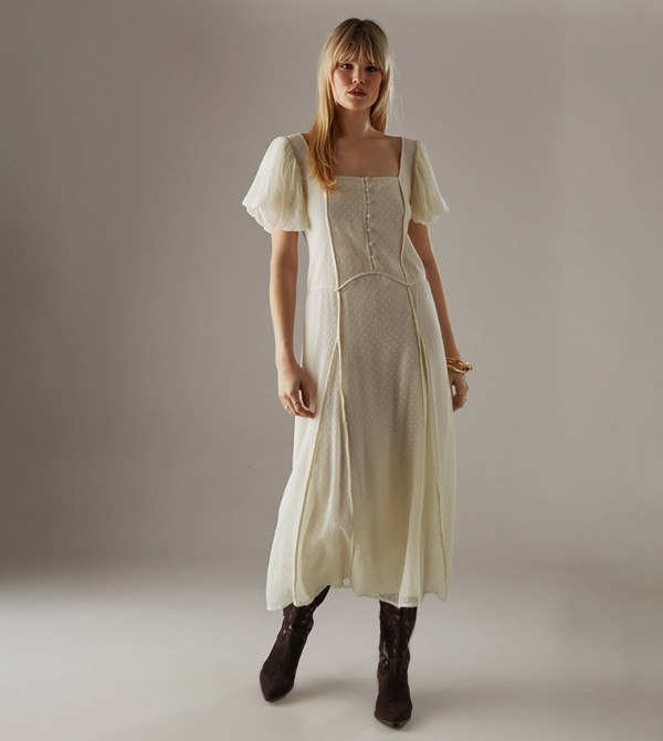 Square Neck Dobby Chiffon Midi Dress