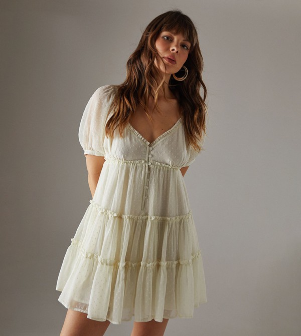 Dobby Chiffon Button Smock Mini Dress