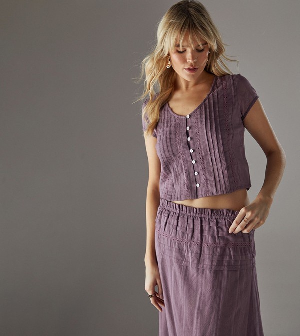Cotton Dobby Button Through Boho Crop Top