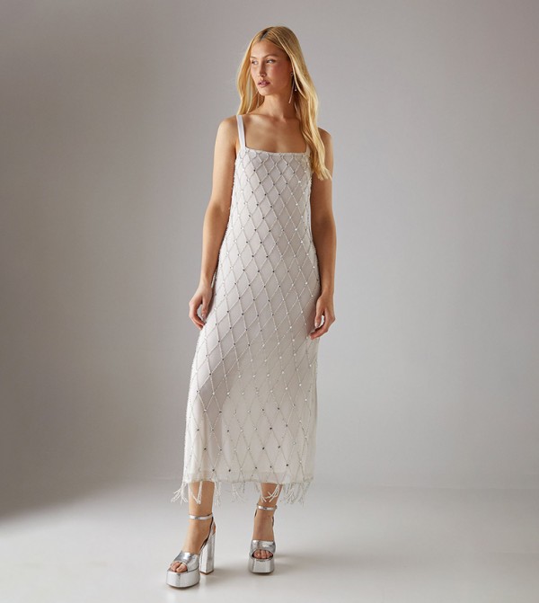 Strappy Sequined Fringe Hem Midi Dress