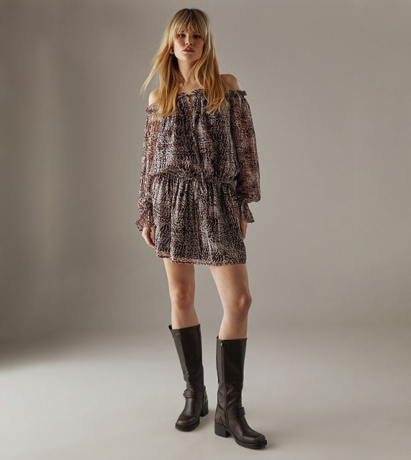 Metallic Chiffon Bardot Drop Waist Mini Dress