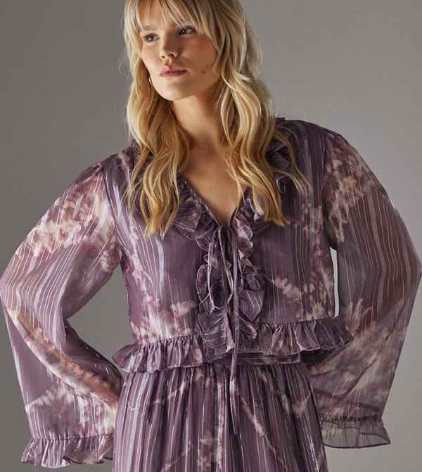 Metallic Ruffled Tie Front Flared Sleeves Crop Top