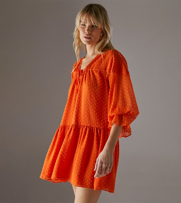 Dobby Chiffon Volume Sleeves Smock Mini Dress