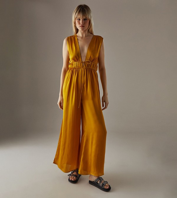 Crinkle Satin Plunge Neck Tie Detail Jumpsuit