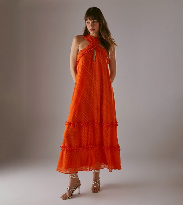 Dobby Chiffon Frill Halterneck Tier Ruffle Maxi Dress