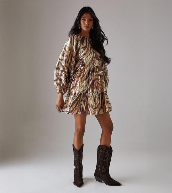 Metallic Jacquard Volume Sleeves Mini Dress