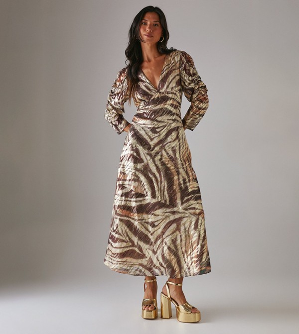Metallic Jacquard Long Sleeves Bias Midi Dress