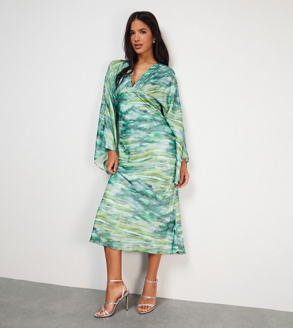 Flared Sleeves Plunge Satin Midi Dress