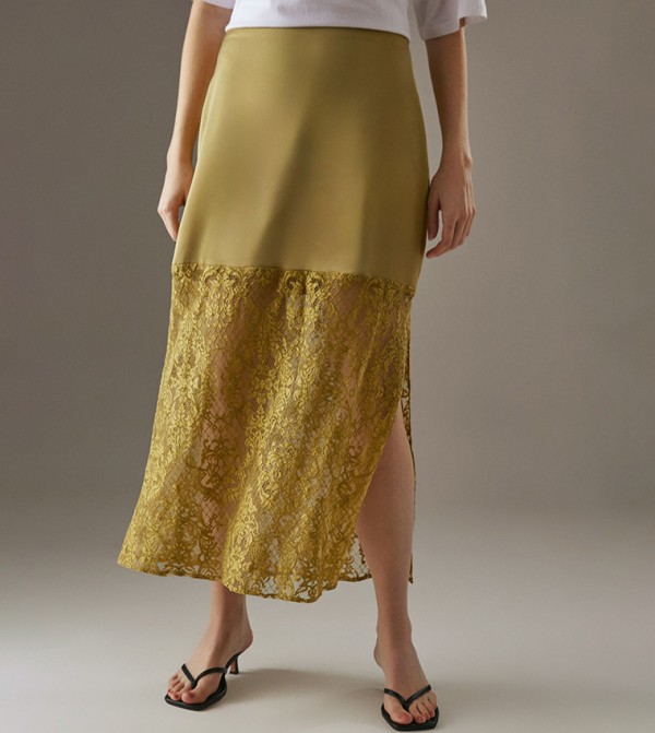 High Waist Satin Lace Detail Midi Skirt
