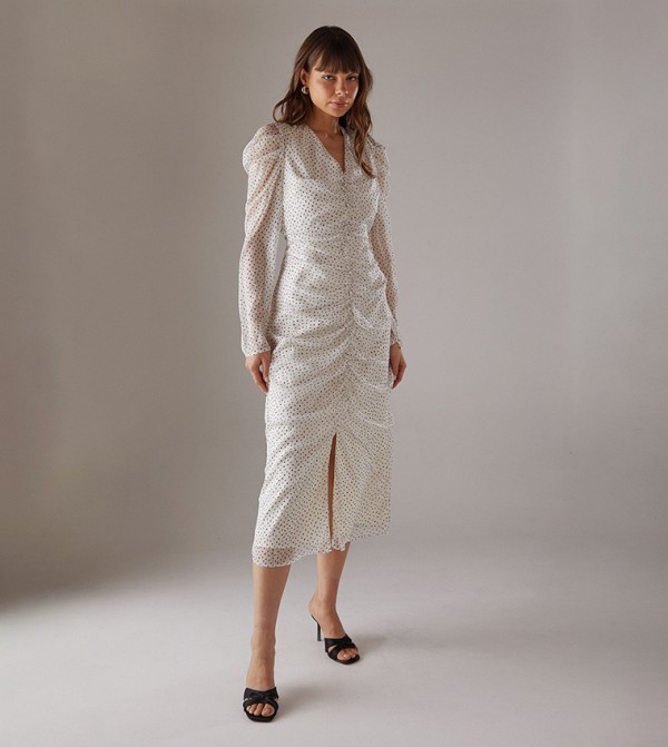 Spot Chiffon Ruched Plunge Button front Midi Dress