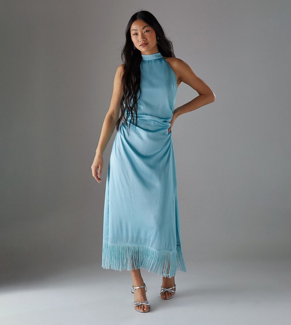 Petite Crinkled Satin Halter Fringe Midi Dress