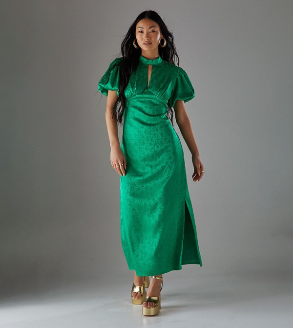 Petite Rose Satin Jacquard Puff Sleeves Tie Back Midi Dress