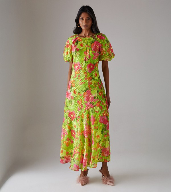 Shadow Stripe Tie Neck Bias Midi Dress