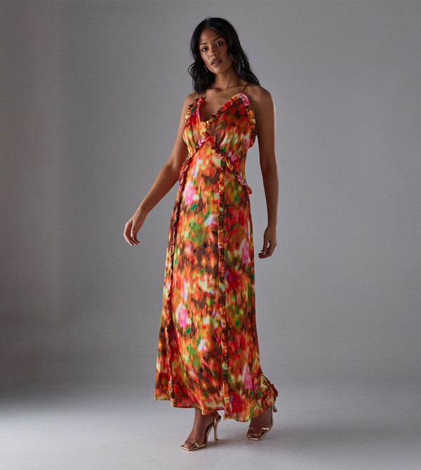 Satin Crinkle Ruffle Maxi Dress