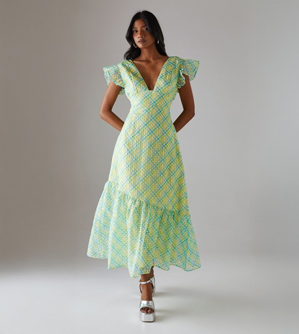 Check Organza Plunge Neck Frill Shoulder Midi Dress