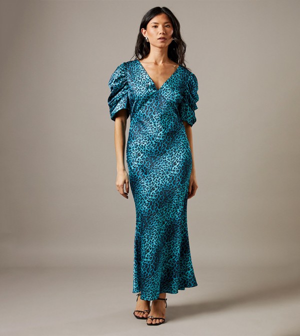 Satin Printed Volume Sleeves Plunge Bias Midi Dress