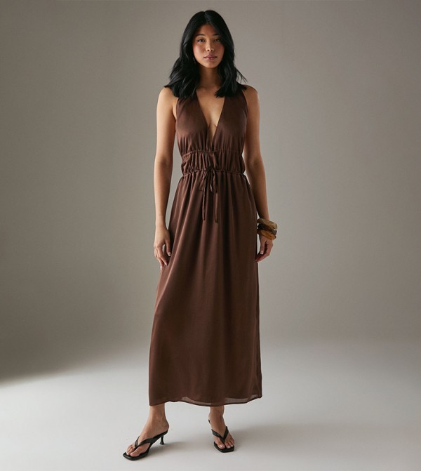 Crinkle Satin Halter Drawstring Waist Bias Midaxi Dress