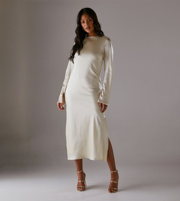 Crinkle Satin Bias Tie Sleeves Midi Dress