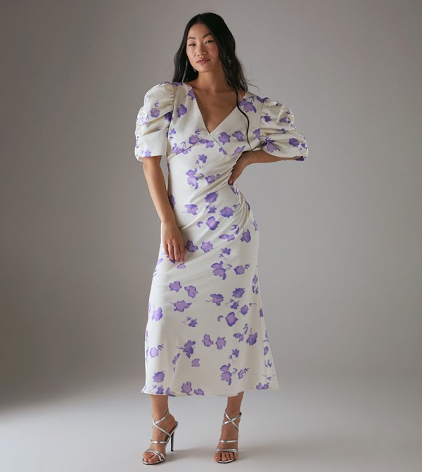 Petite Satin Pleat Volume Sleeves Plunge Bias Midi Dress