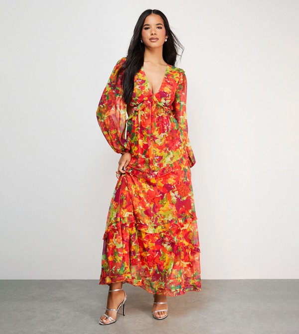 Chiffon Cut-Out Ruffled Detail Maxi Dress