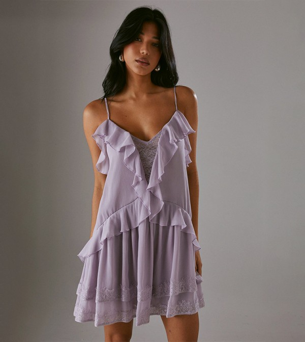Chiffon Strappy Lace Insert Smock Mini Dress