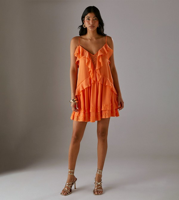 Chiffon Strappy Lace Insert Smock Mini Dress