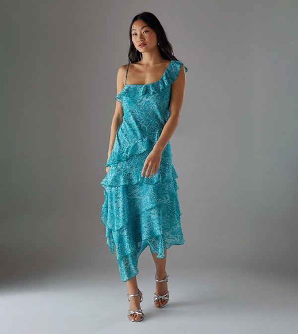 Petite Chiffon Asymmetric Hem Ruffled Midi Slip Dress