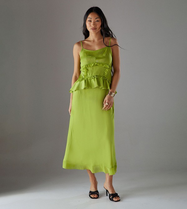 Petite Satin Strappy Seam Detail Peplum Midi Dress